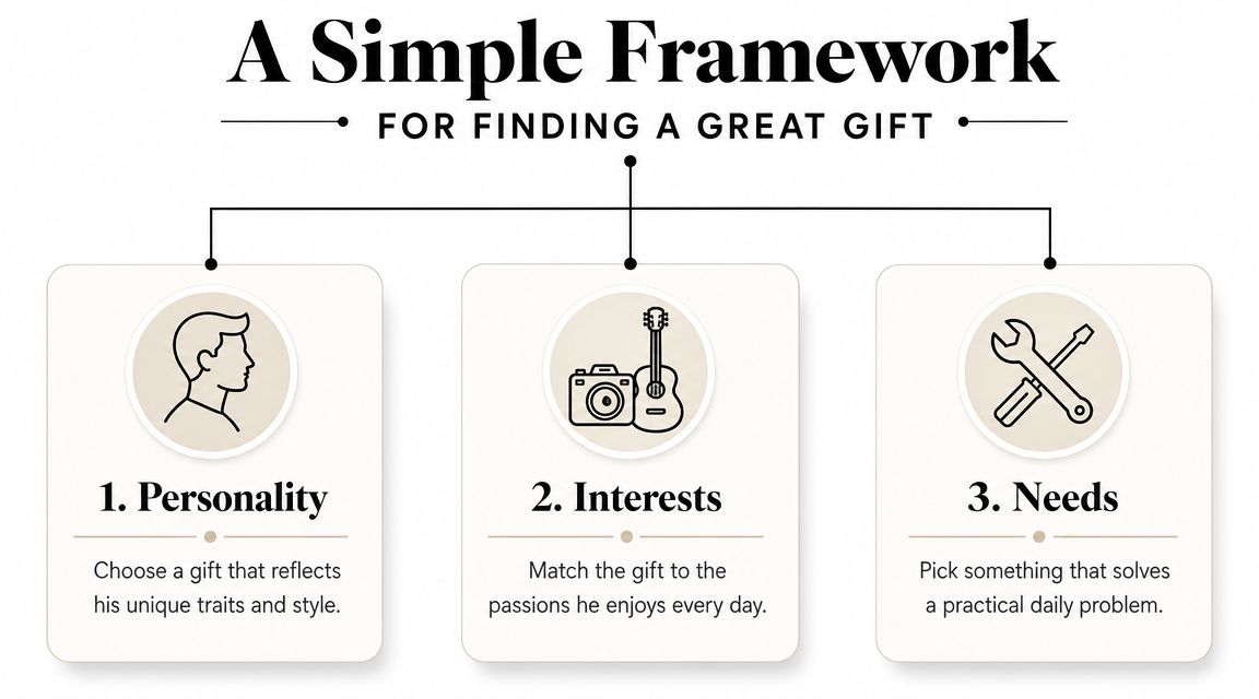 Best Gifts for Husband: The Ultimate 2026 AI Guide 1 A simple gift-giving framework featuring personality, interests, and needs as three key categories for choosing gifts.