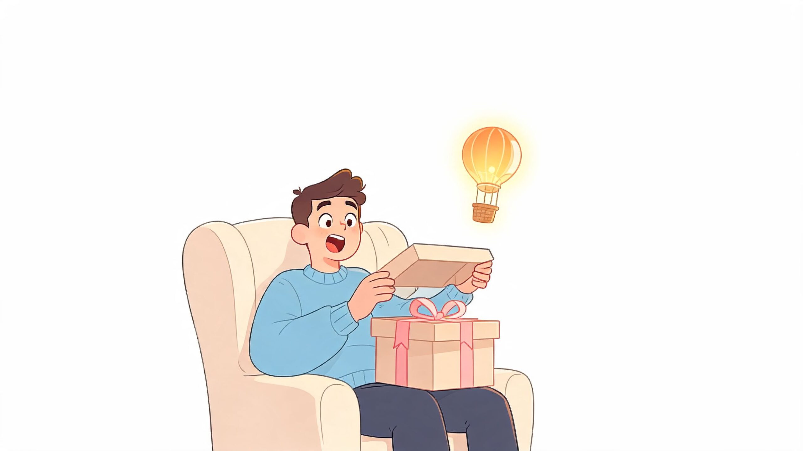 Best Gifts for Husband: The Ultimate 2026 AI Guide 3 An excited man sitting in an armchair opening a gift box with a floating hot air balloon symbol.