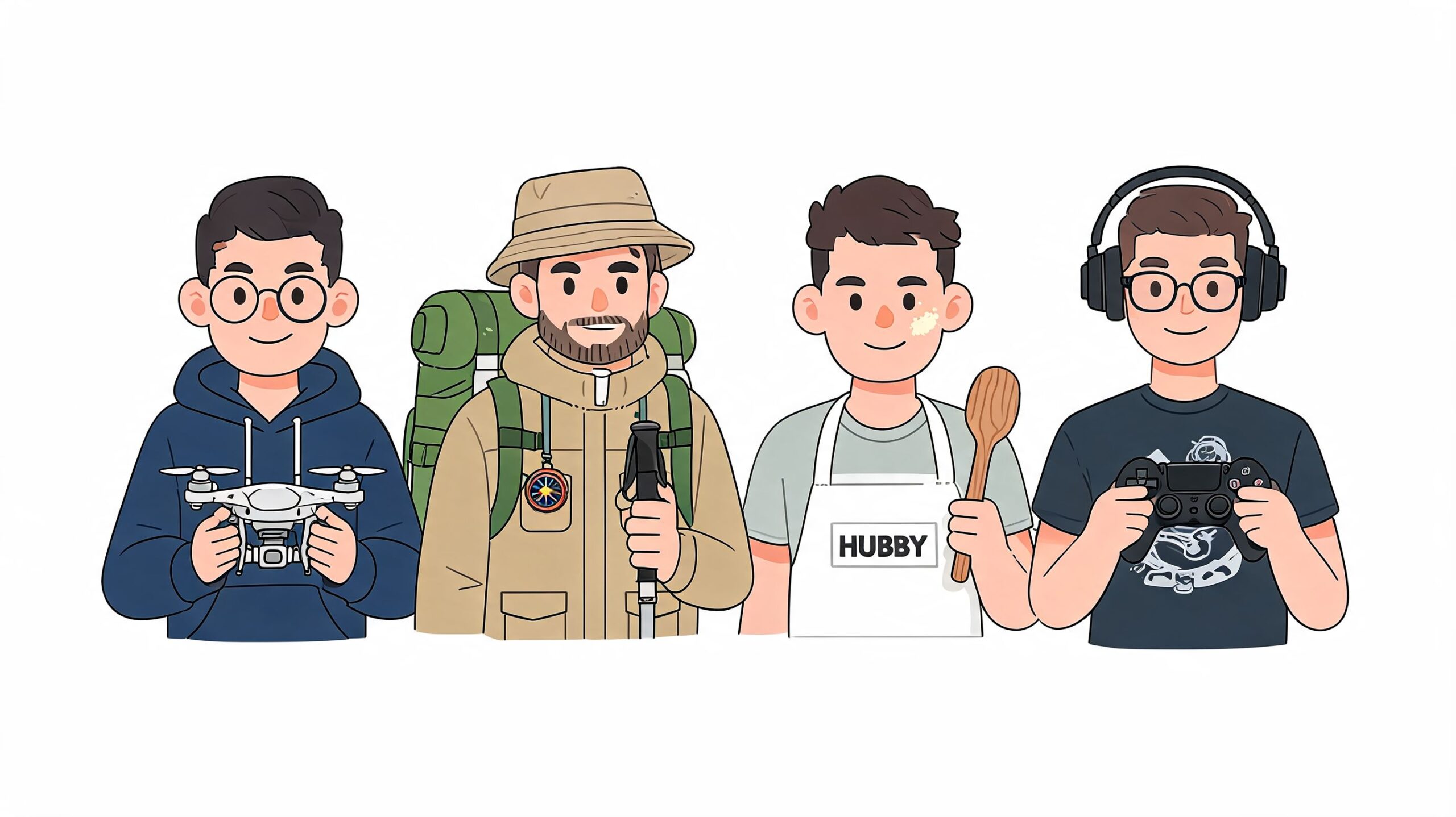 Best Gifts for Husband: The Ultimate 2026 AI Guide 2 A cartoon illustration of four men representing different hobbies including drone flying, hiking, cooking, and video gaming.
