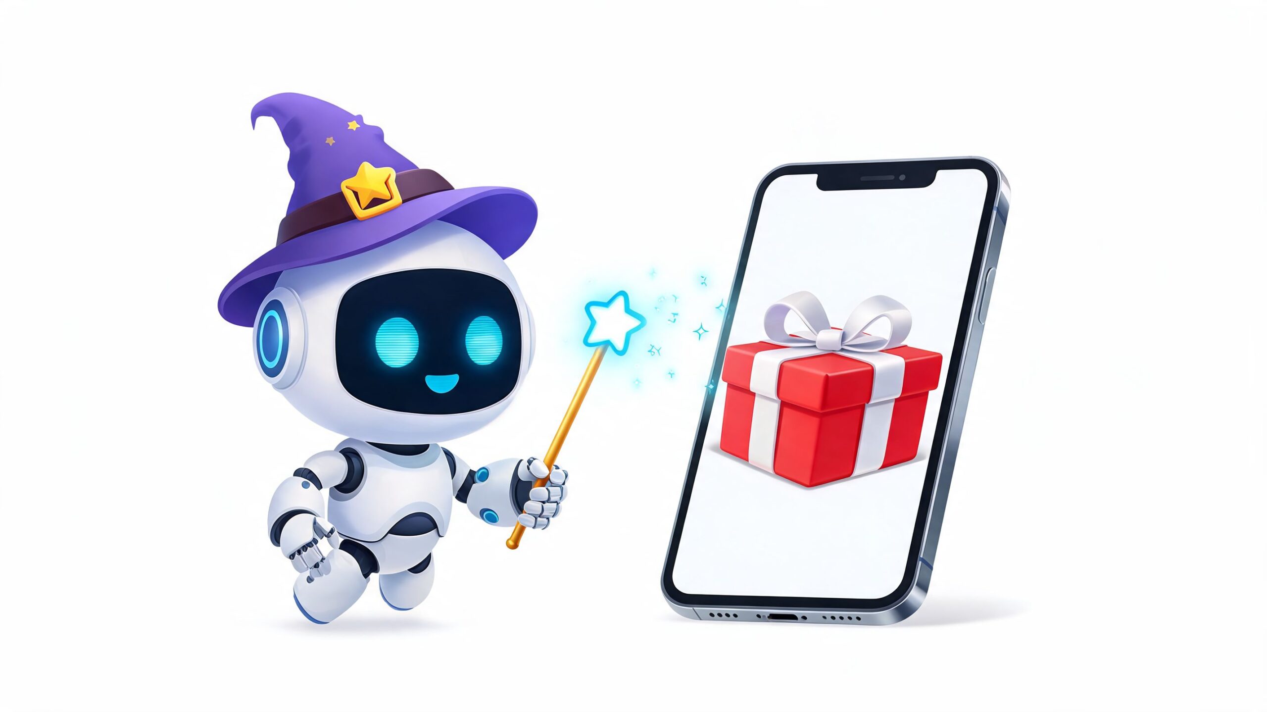 Best Gifts for Husband: The Ultimate 2026 AI Guide 4 A 3D robot wizard with a magic wand makes a gift appear on a smartphone screen.