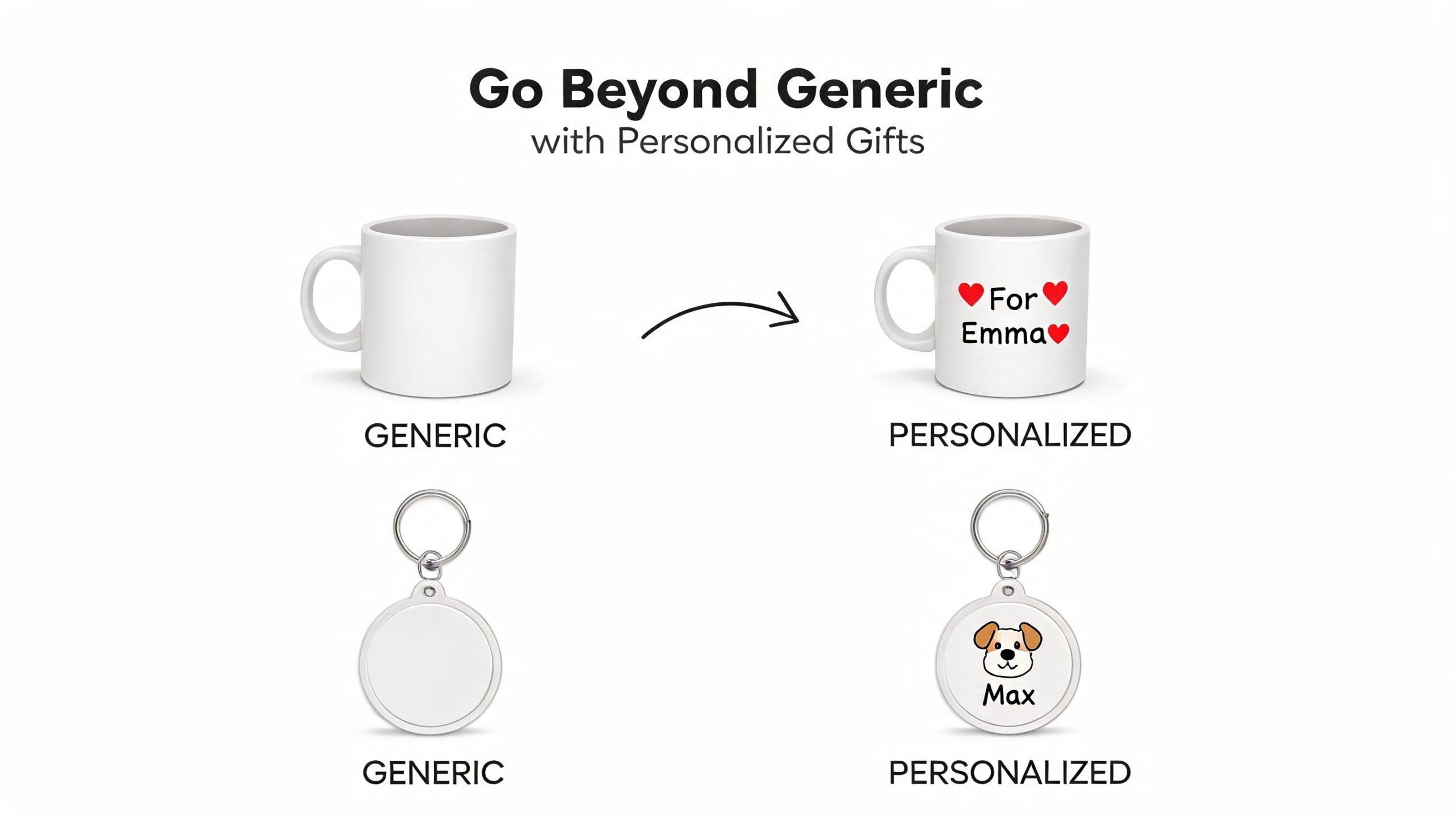 Gifts for Cat Lovers: The Ultimate 2026 Gifting Guide 3 A graphic showing blank mugs and keychains being transformed into personalized gifts with names and icons.