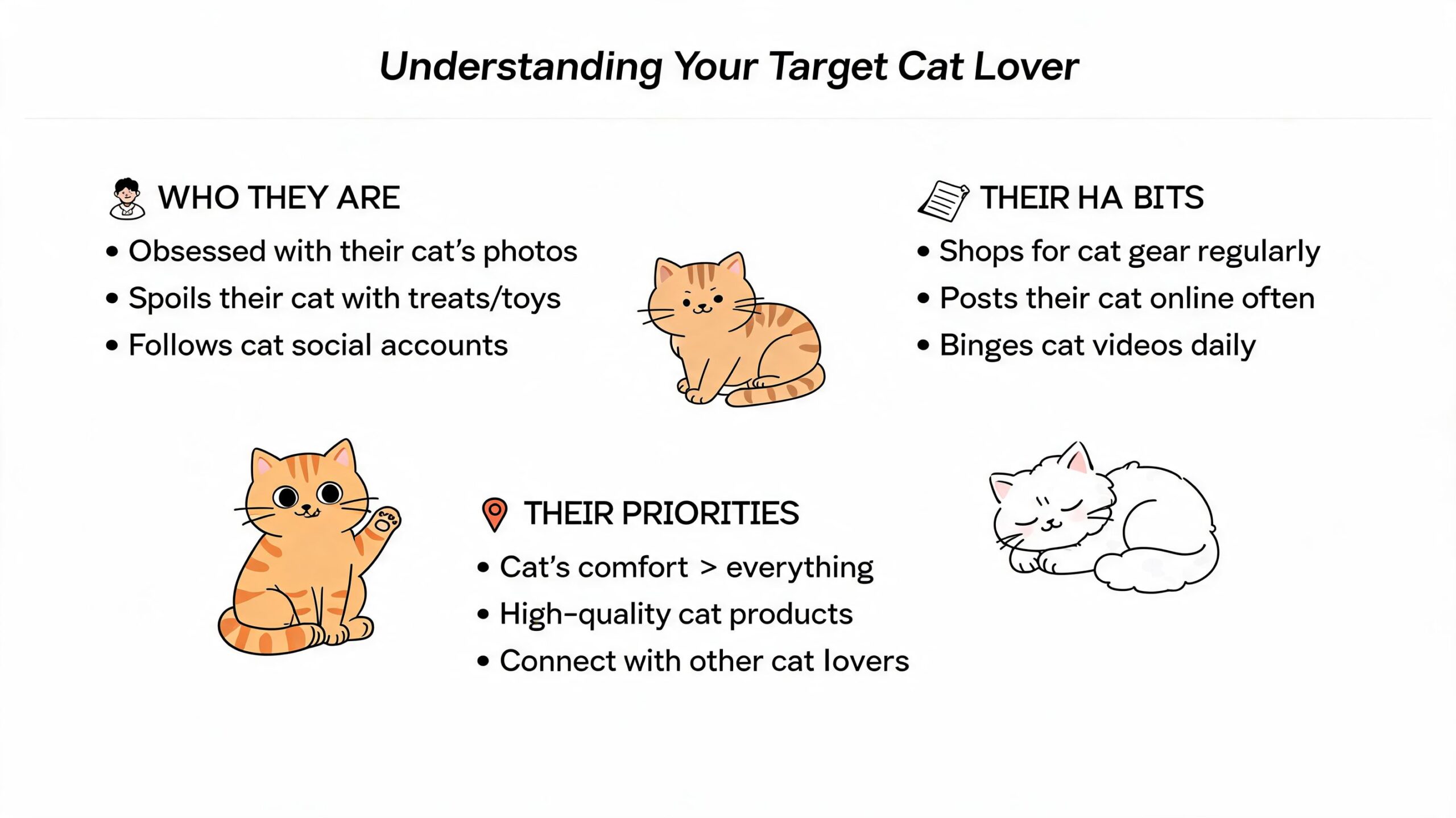 Gifts for Cat Lovers: The Ultimate 2026 Gifting Guide 1 An infographic titled Understanding Your Target Cat Lover detailing their characteristics, habits, and priorities.