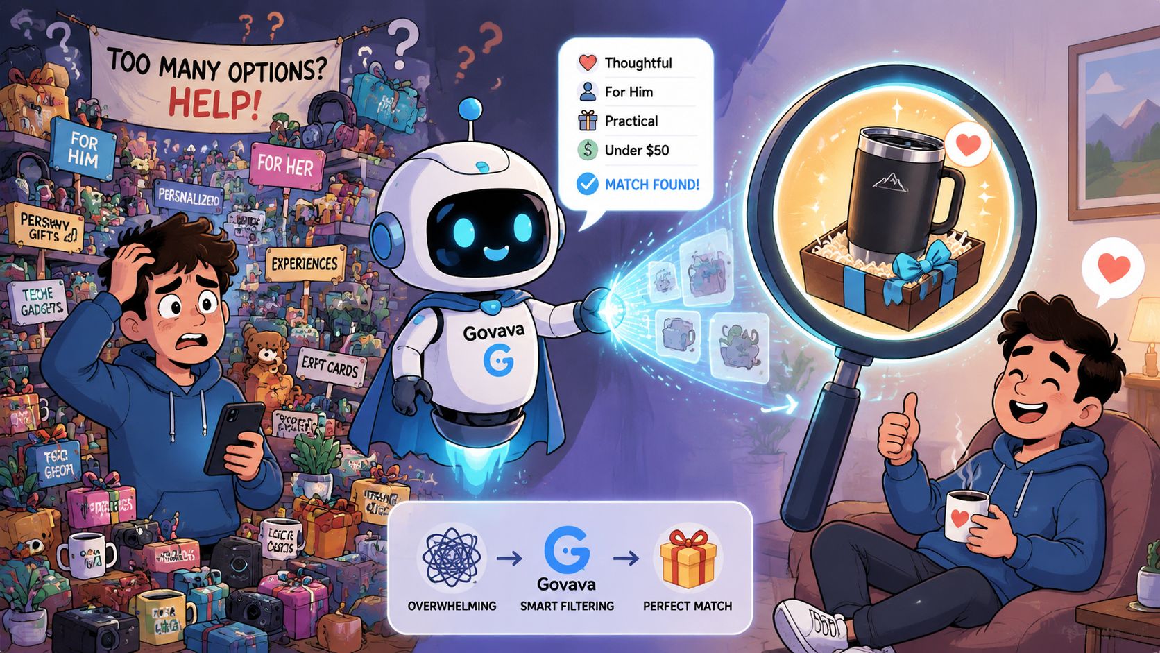 Gifts Under 25 Dollars: A Thoughtful Guide for 2026 4 A helpful robot assists a stressed person by finding the perfect gift using Govava's smart technology.
