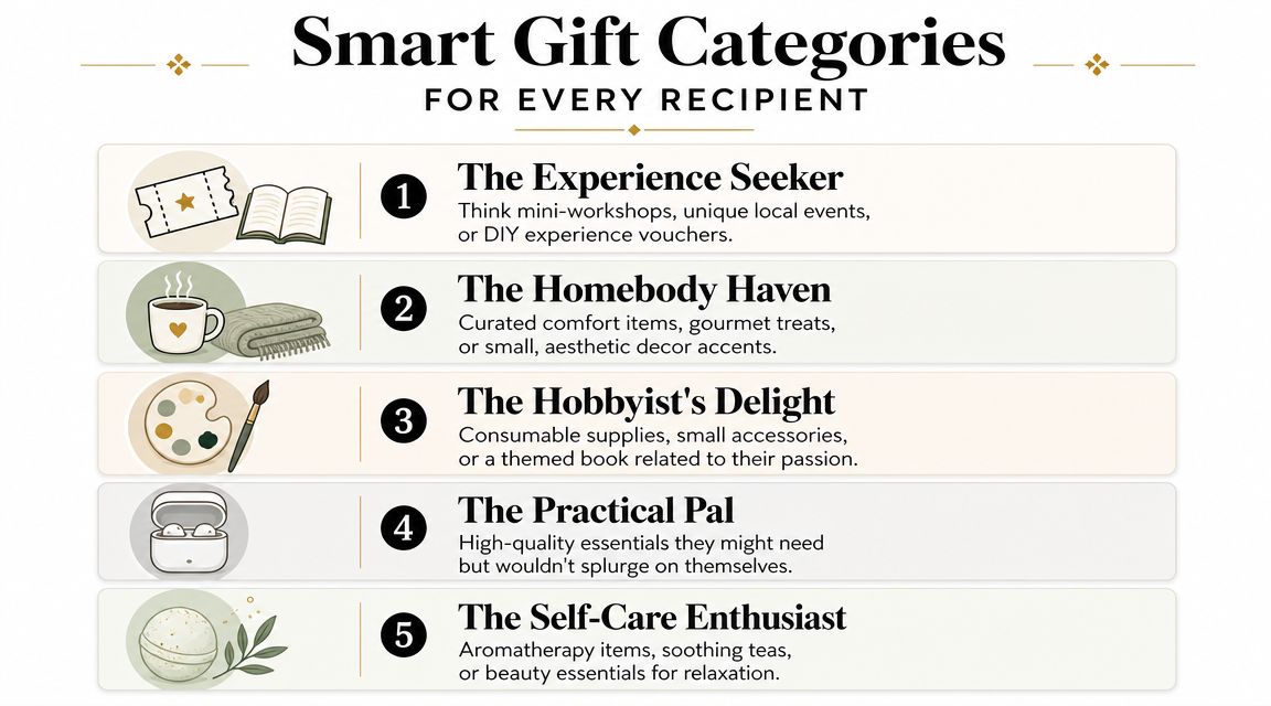 Gifts Under 25 Dollars: A Thoughtful Guide for 2026 3 A guide listing five smart gift categories for various personality types to help with gift giving.