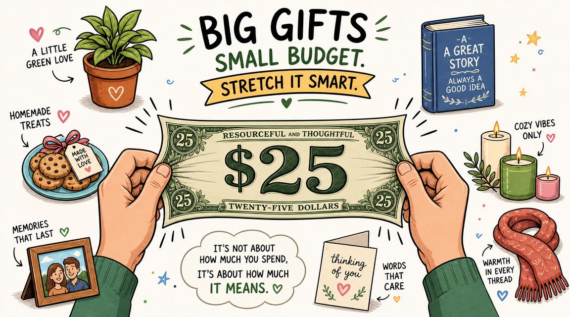 Gifts Under 25 Dollars: A Thoughtful Guide for 2026 2 An illustration showing hands holding a twenty-five dollar bill surrounded by thoughtful and affordable gift ideas.
