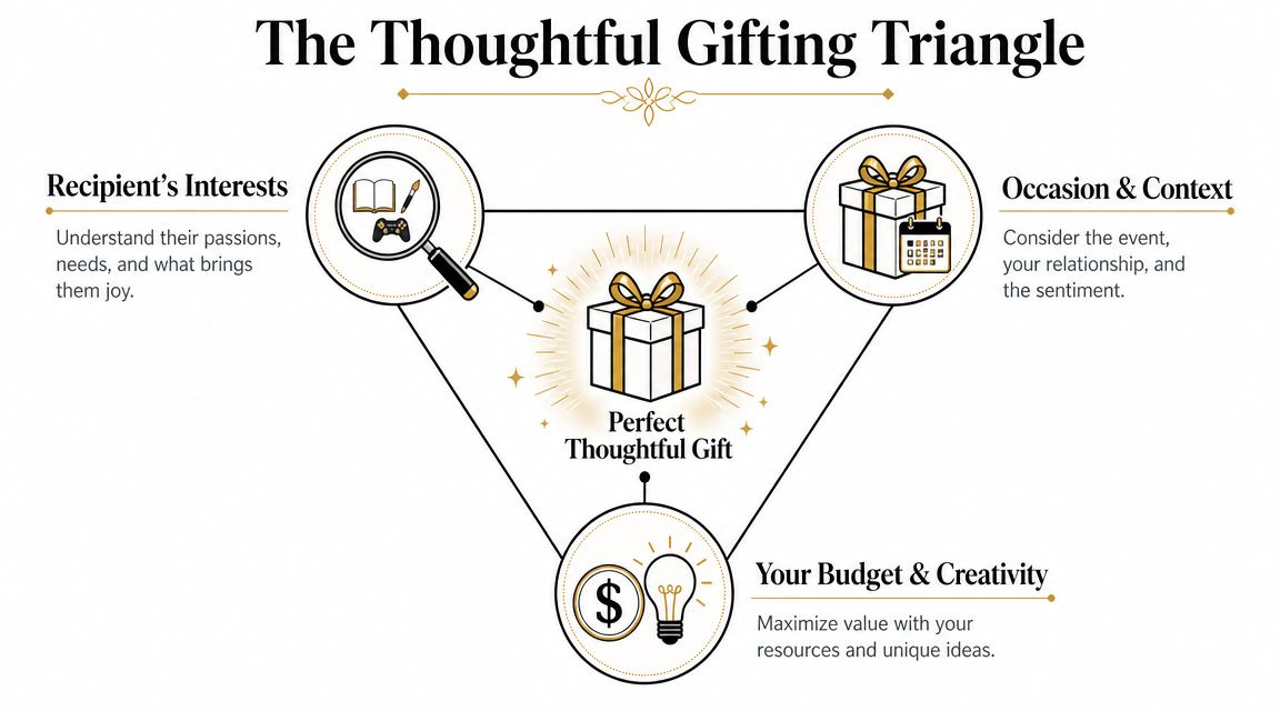 Gifts Under 25 Dollars: A Thoughtful Guide for 2026 1 A diagram titled The Thoughtful Gifting Triangle illustrating three key factors for choosing the perfect gift.