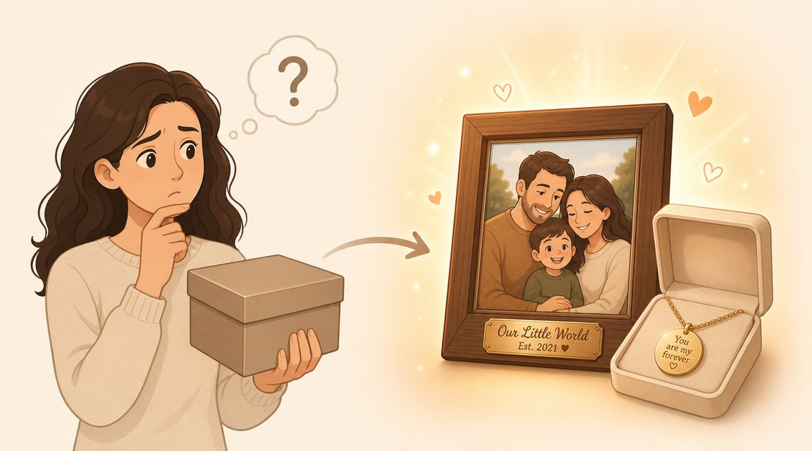 Personalized Gift for Mom: A Thoughtful How-To Guide 1 A thoughtful woman holding a box, envisioning a personalized photo frame and custom necklace as gift ideas.